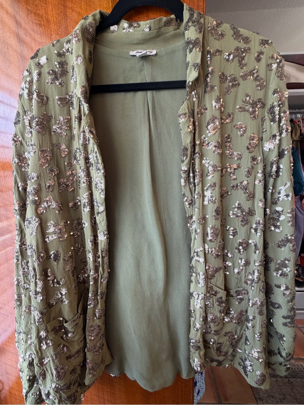 Lucky Brand L/XL Olive Sequin Animal Print Open Front Jacket